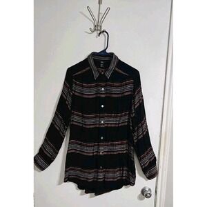 Intro Women's Striped Button-Up Shirt 1X Black Red Preppy Office Wear Modest